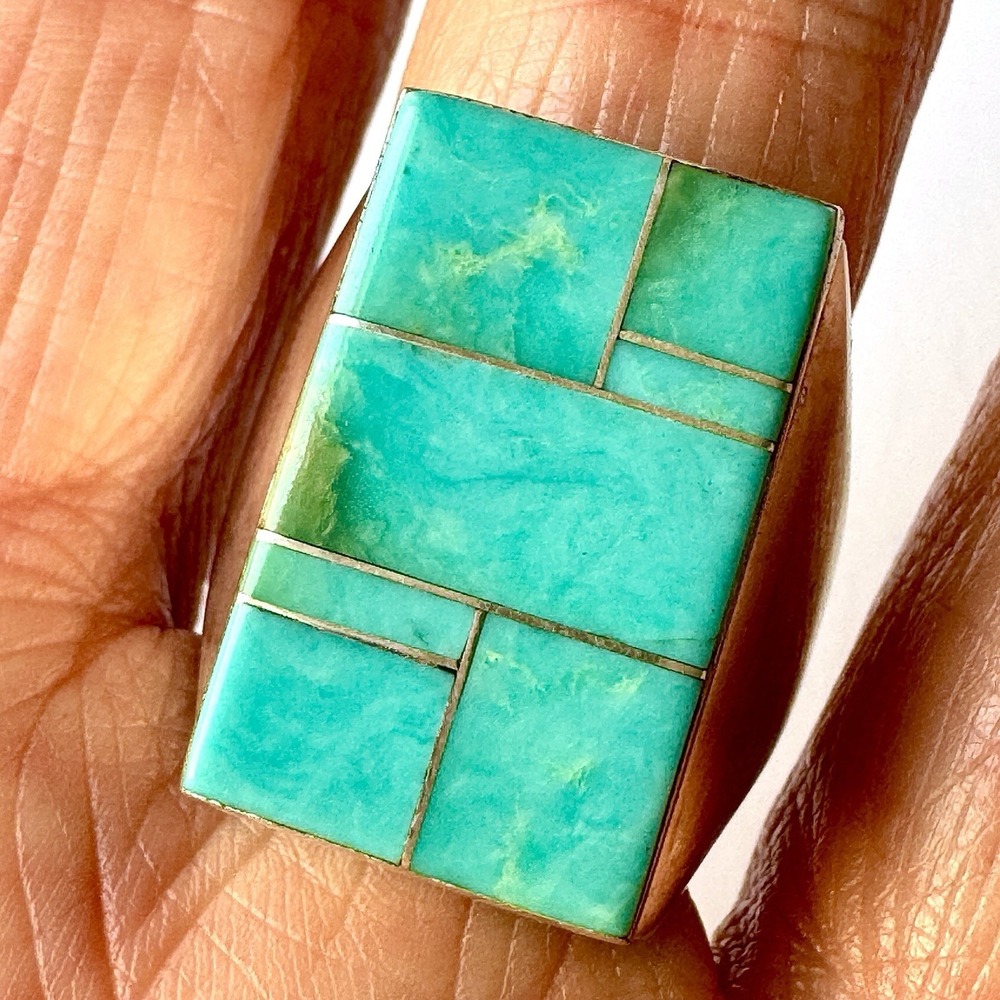 Navajo Turquoise Mens‎ Ring Sz 11 Signed WG Sterling Inlay Rect Native American
